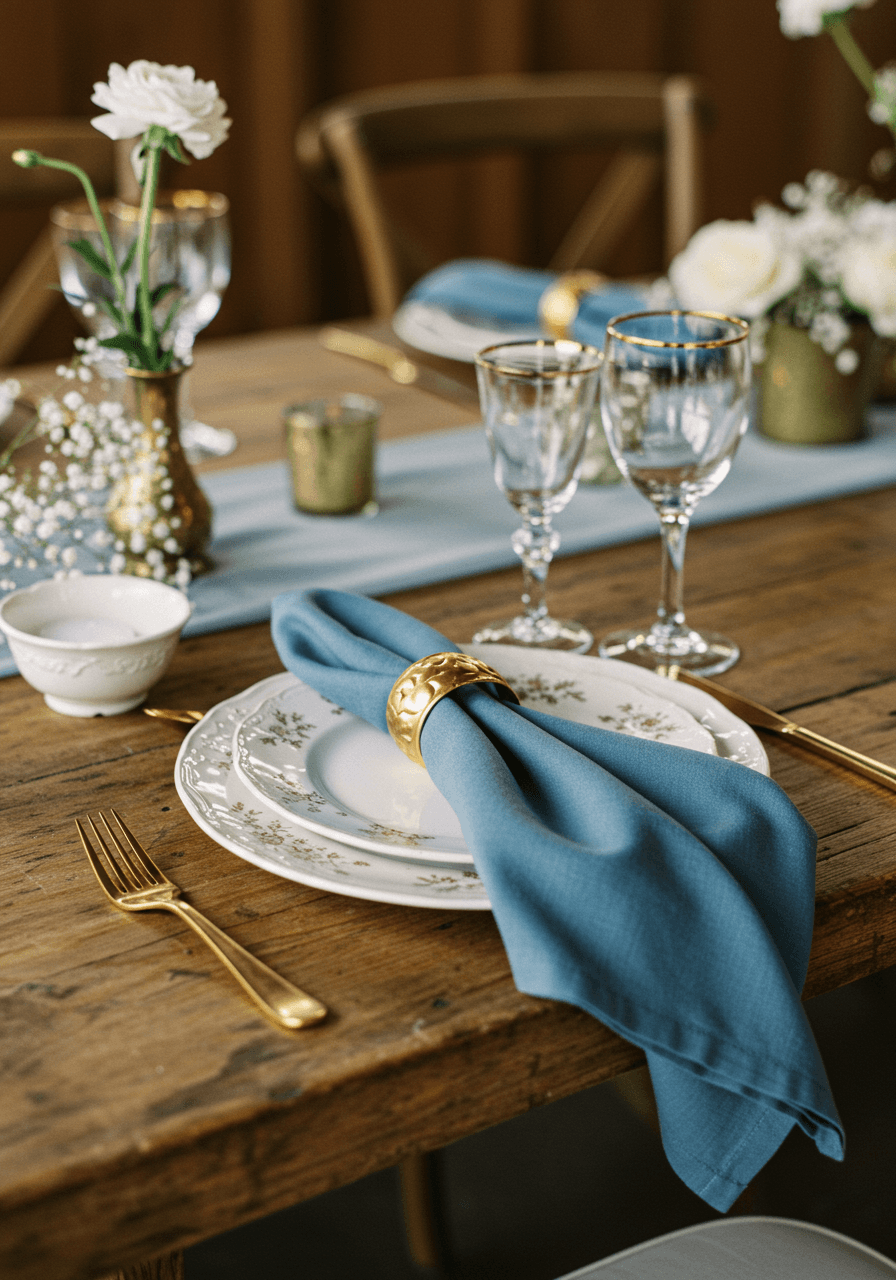 Dusty blue silk napkins with gold rings beside vintage china on weathered wood farm table