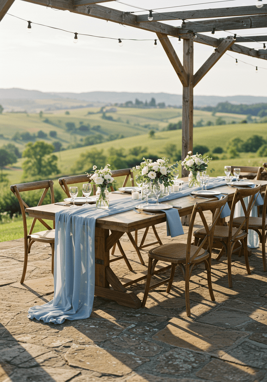 Rustic farm table with dusty blue runners on stone patio overlooking rolling hills at sunset