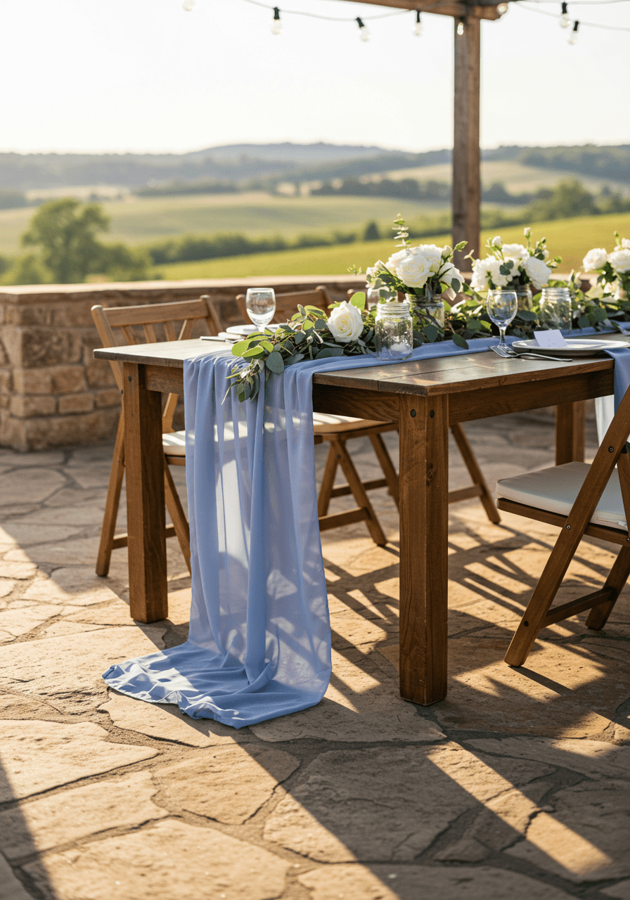 Outdoor reception table detail with dusty blue linens and white florals against countryside view