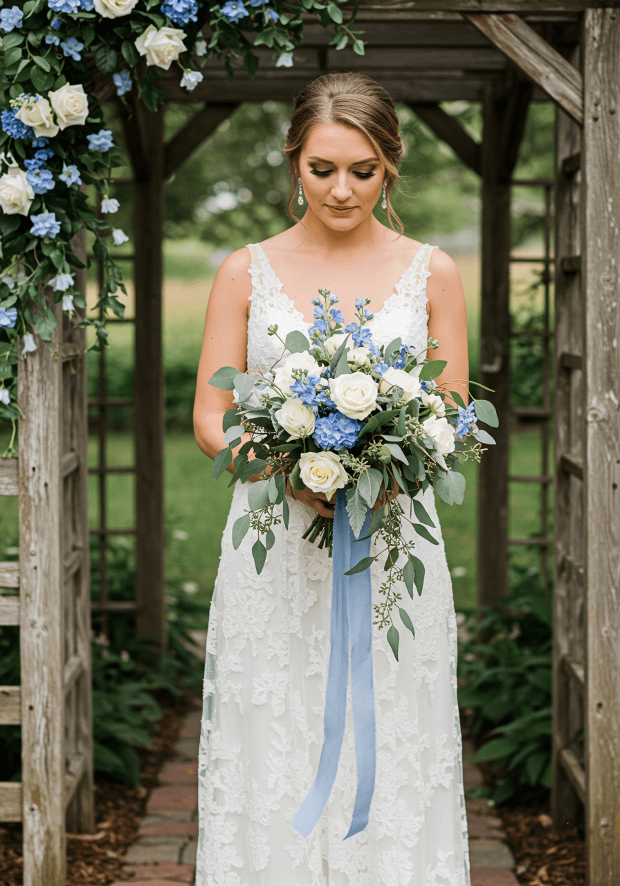 Bridal bouquet with dusty blue flowers and flowing silk ribbon against wooden arbor