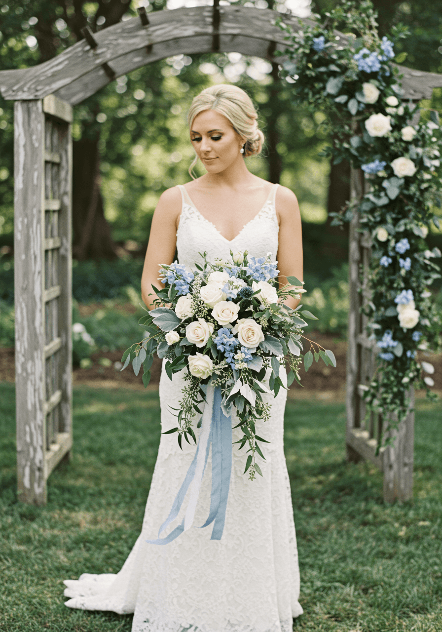 Bride holding cascading bouquet with dusty blue delphinium, white roses, and eucalyptus in rustic garden