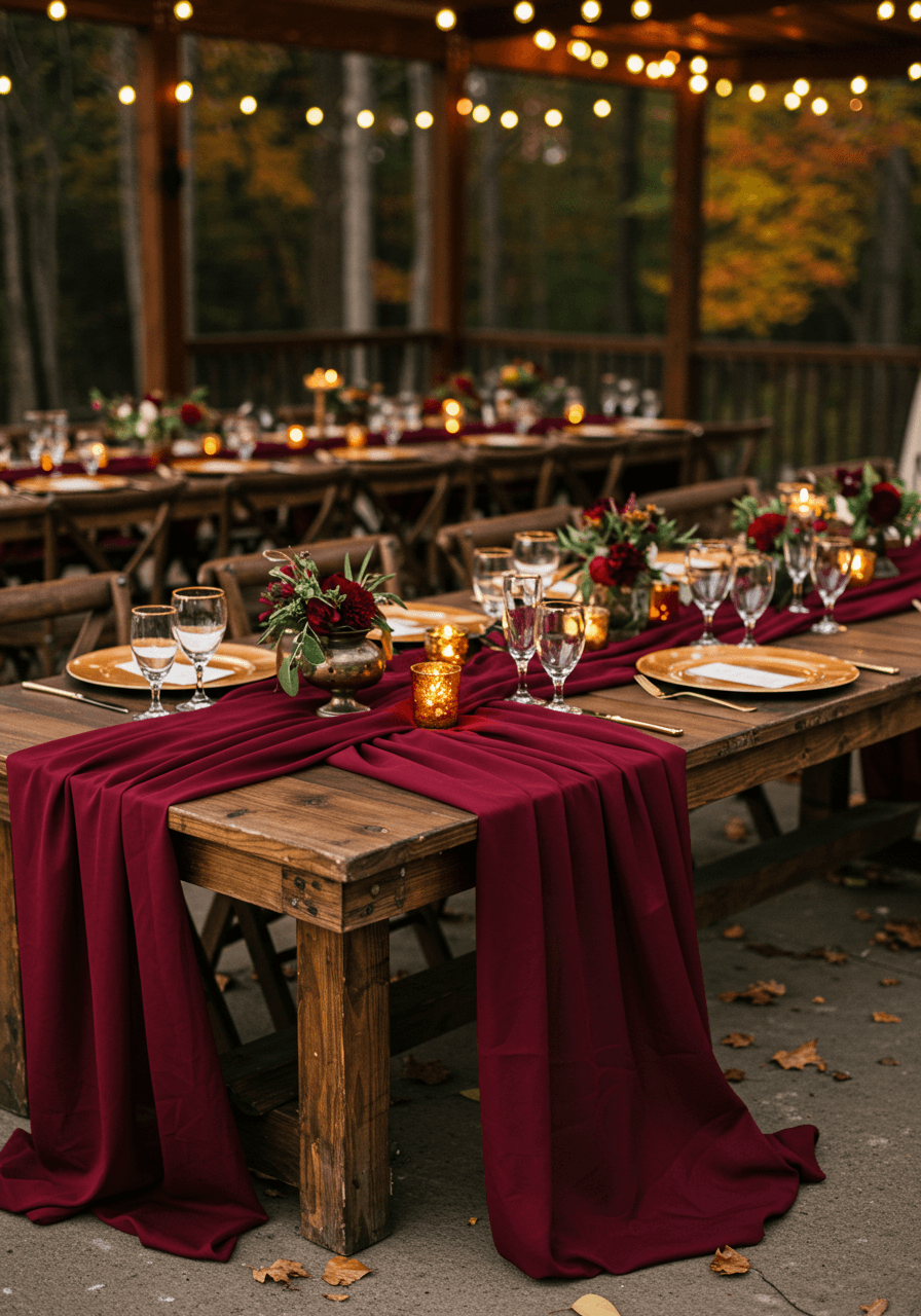 Elegant autumn table setting with burgundy silk runners in outdoor pavilion venue