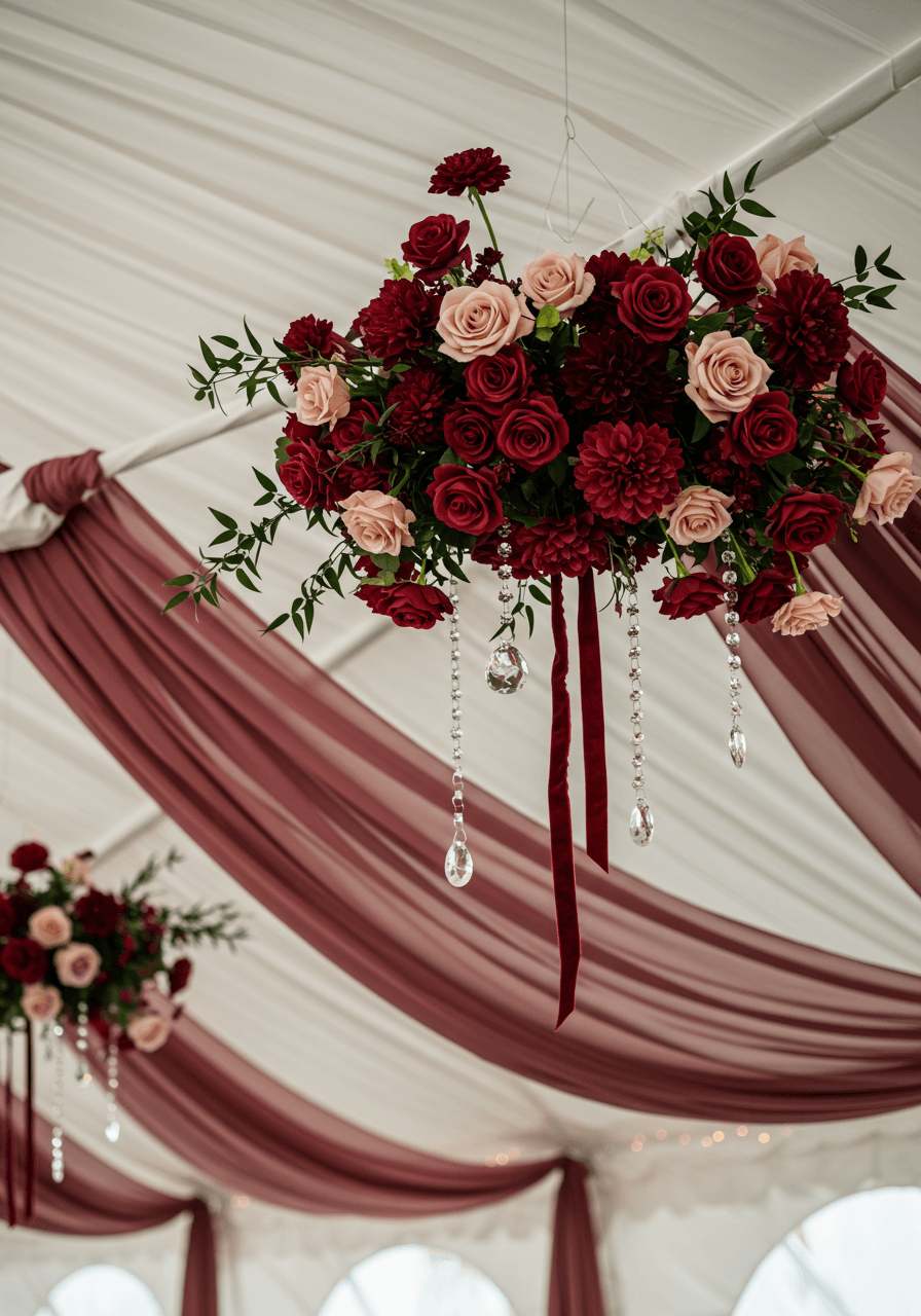 Close-up of burgundy and blush hanging decor installation within wedding tent structure