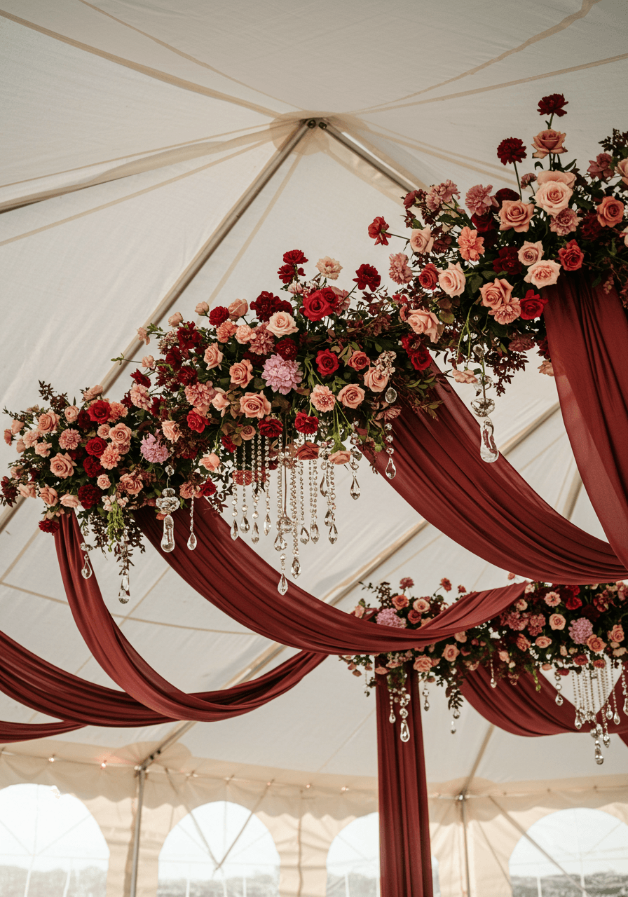 Wide view of burgundy hanging decor throughout tented wedding reception space