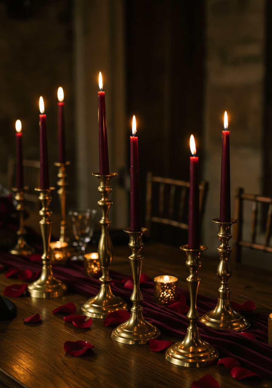 Elegant brass candlesticks with burgundy candles creating moody wedding reception atmosphere