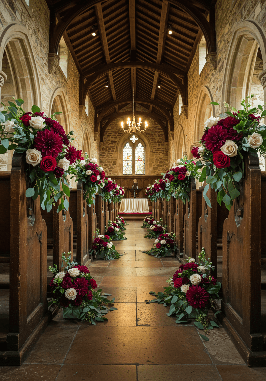 Wide view of multiple burgundy pew arrangements throughout chapel ceremony space