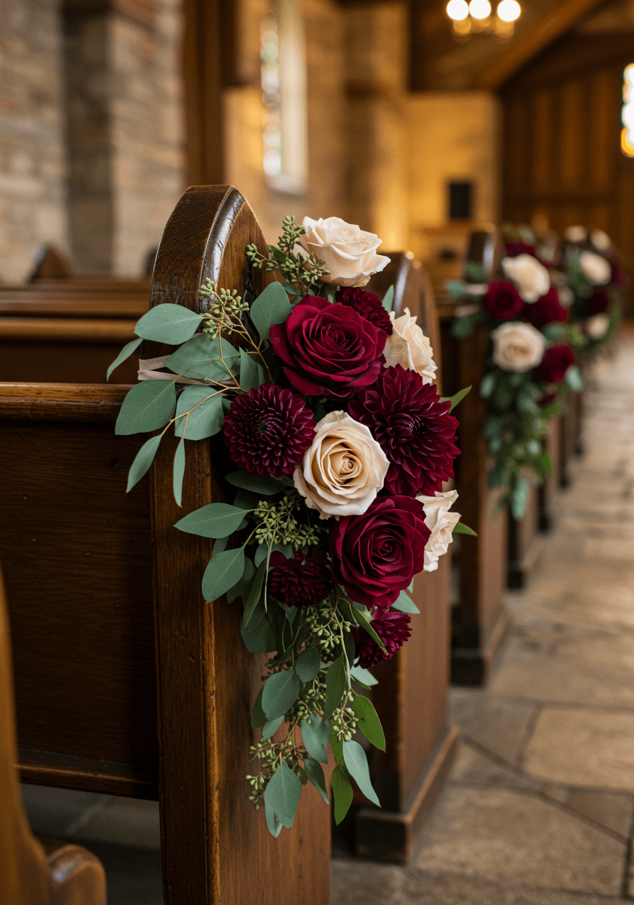 Detailed burgundy floral arrangement attached to chapel pew with ribbon accents