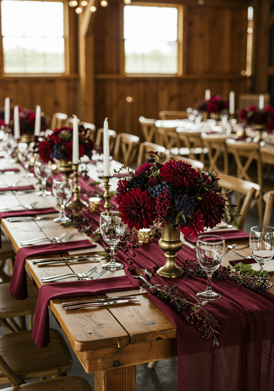 Multiple burgundy dahlia centerpieces arranged on rustic farm table during golden hour