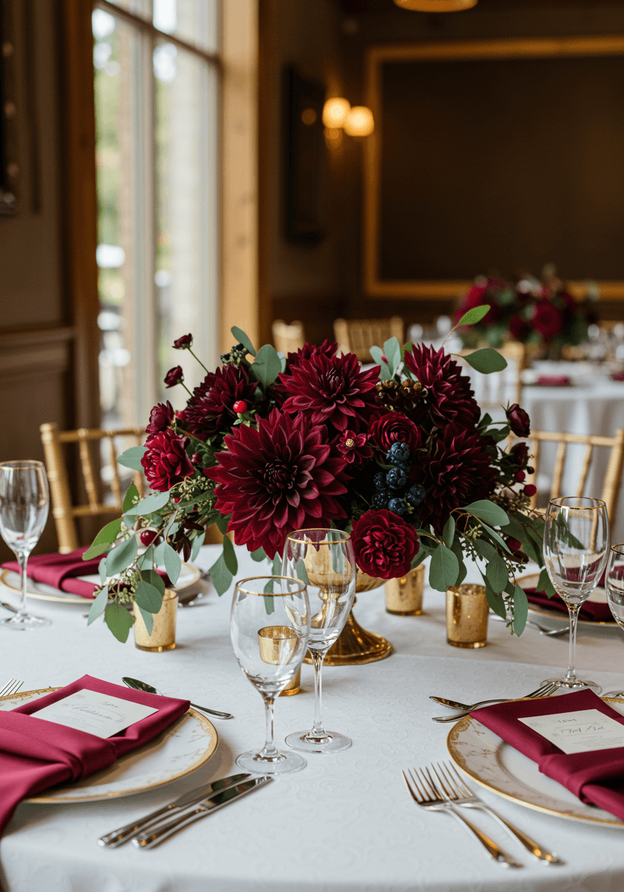 Burgundy dahlia wedding centerpiece with deep red blooms and seasonal berries