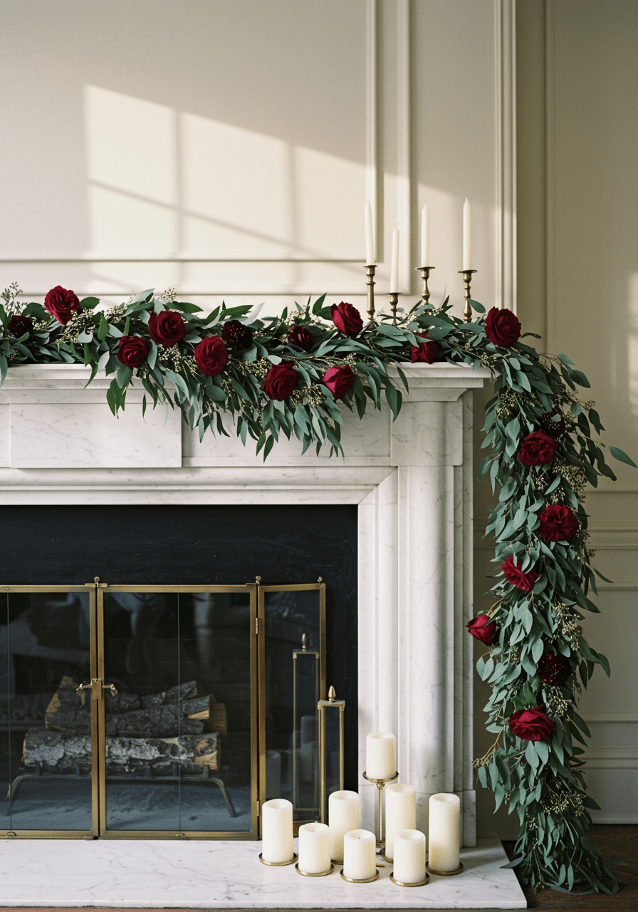 Lush burgundy eucalyptus and rose garland draped across marble fireplace mantel