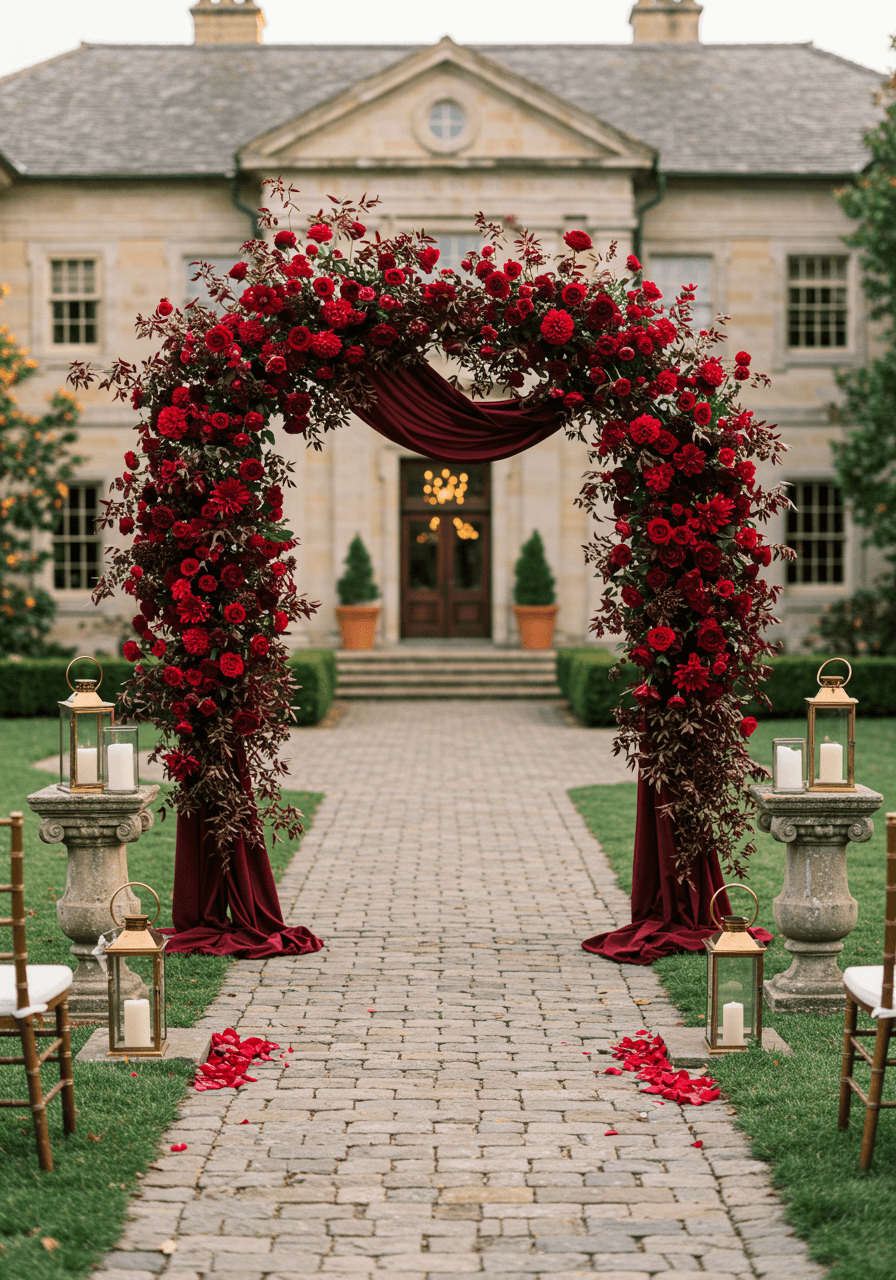 Burgundy floral archway in estate garden setting during golden hour ceremony