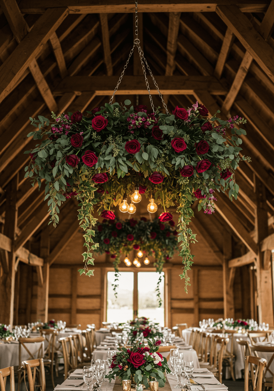 Stunning burgundy floral chandelier suspended from rustic barn wedding venue ceiling