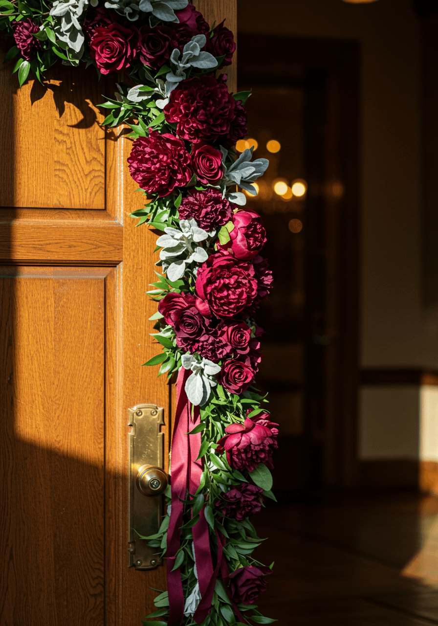Burgundy floral garland adorning entrance doorway during romantic golden hour lighting