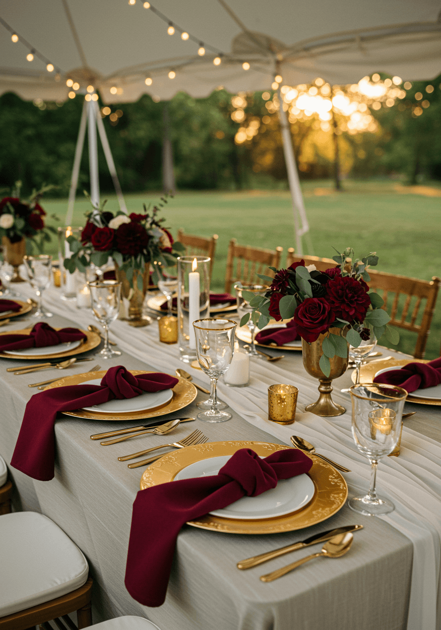 Burgundy and gold garden wedding table setting with natural outdoor backdrop