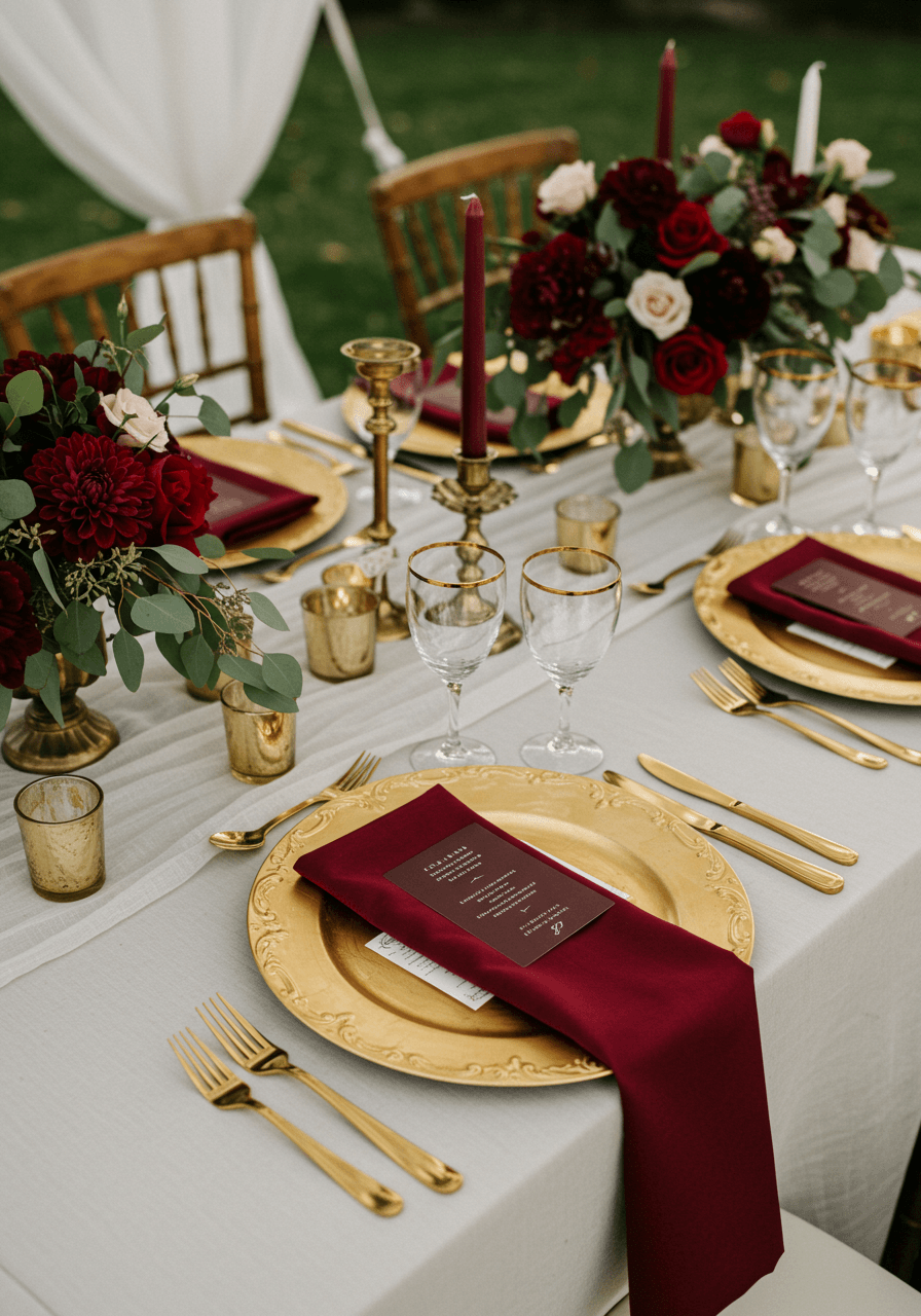 Overhead view of burgundy and gold place setting arrangement with floral accents
