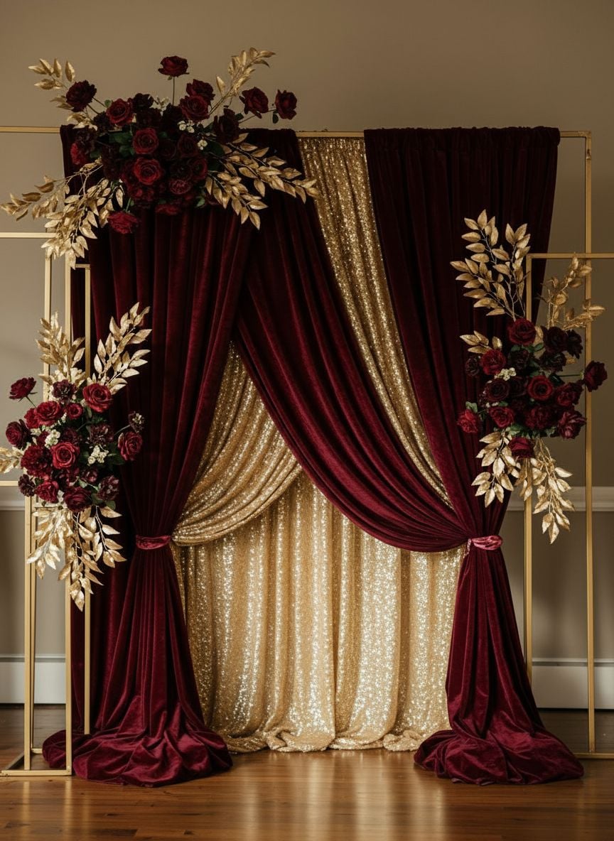 Cascading burgundy and gold luxury wedding backdrop with flowing drapery installation