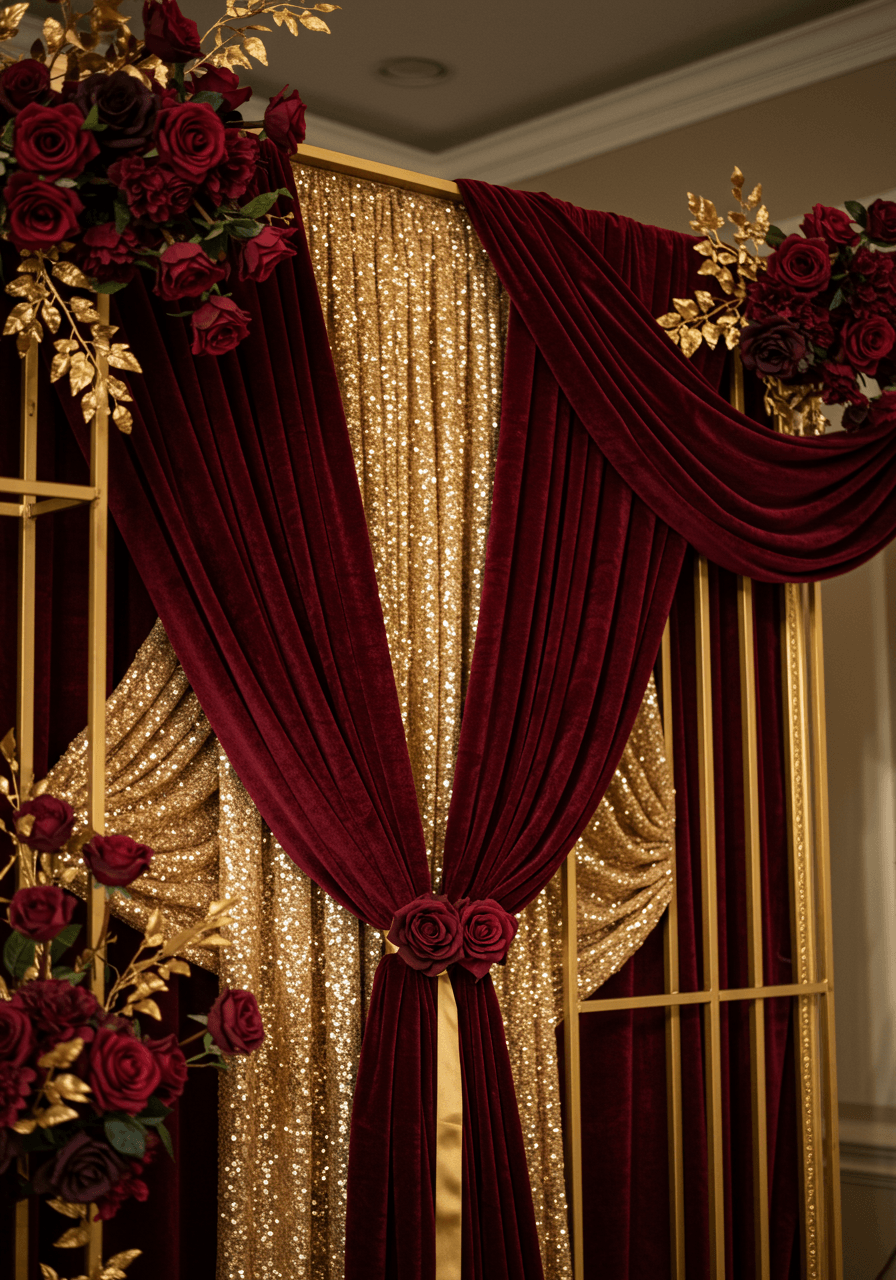 Detailed macro view of burgundy and gold backdrop fabric textures and embellishments