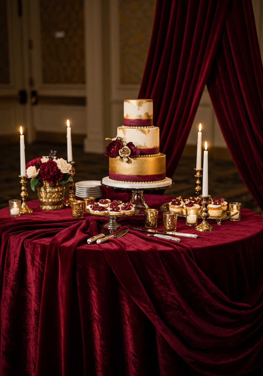 Burgundy and gold themed dessert table with wedding cake and coordinated sweet treats