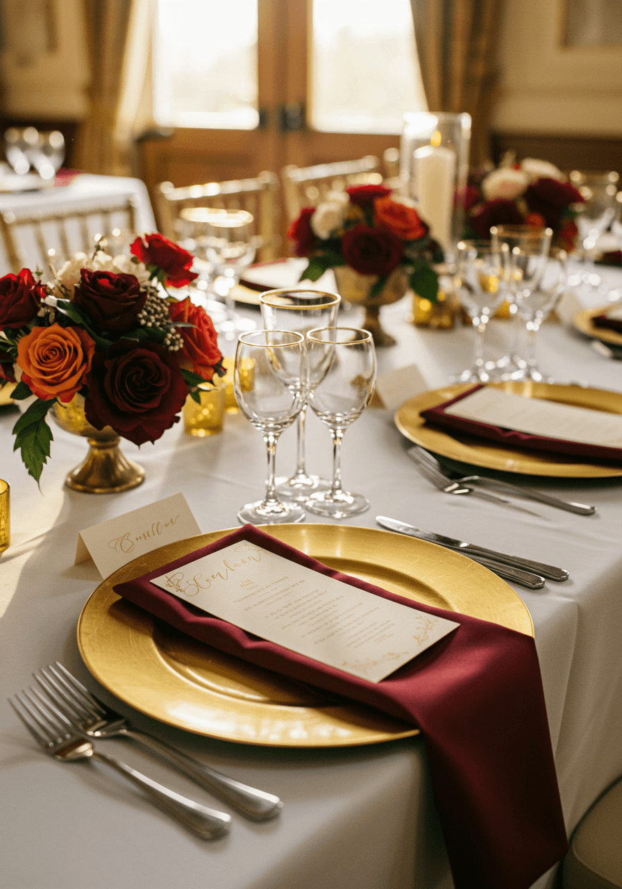 Multiple burgundy and gold place settings arranged across elegant reception dining table