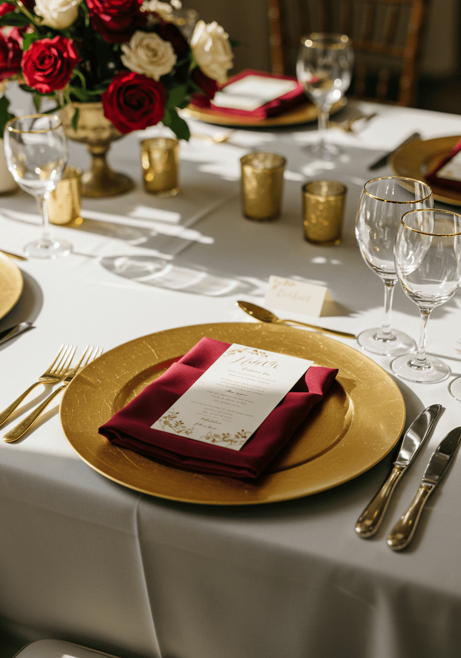 Burgundy and gold wedding place setting with charger plates photographed during golden hour