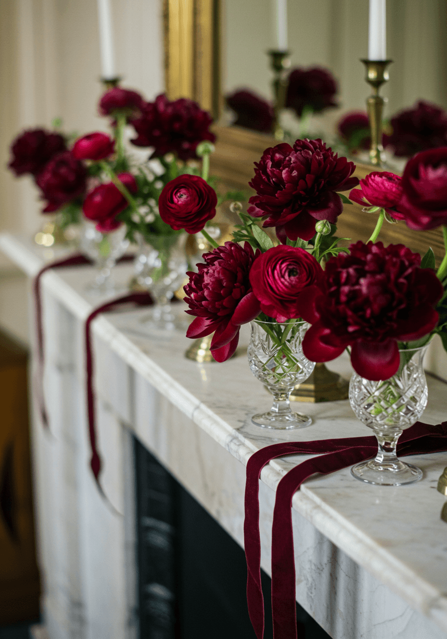 Close-up detail of crystal bud vase with burgundy peony and ranunculus blooms