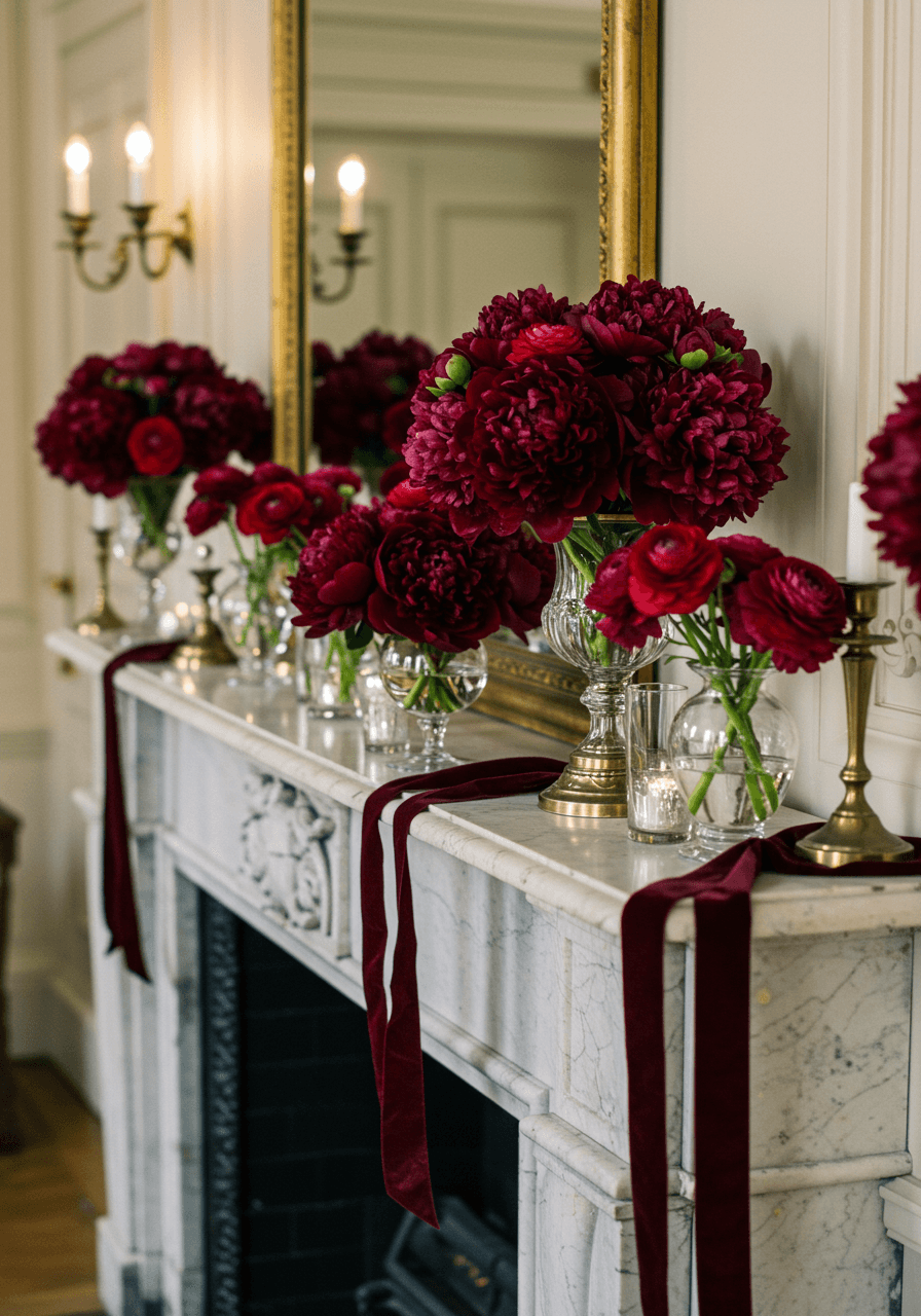 Burgundy peony and ranunculus arrangements in crystal vases displayed on elegant mantelpiece