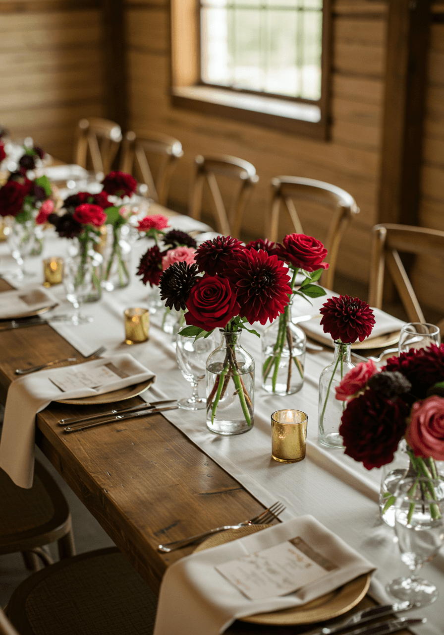 Overhead view of multiple burgundy bud vase arrangements across reception dining table