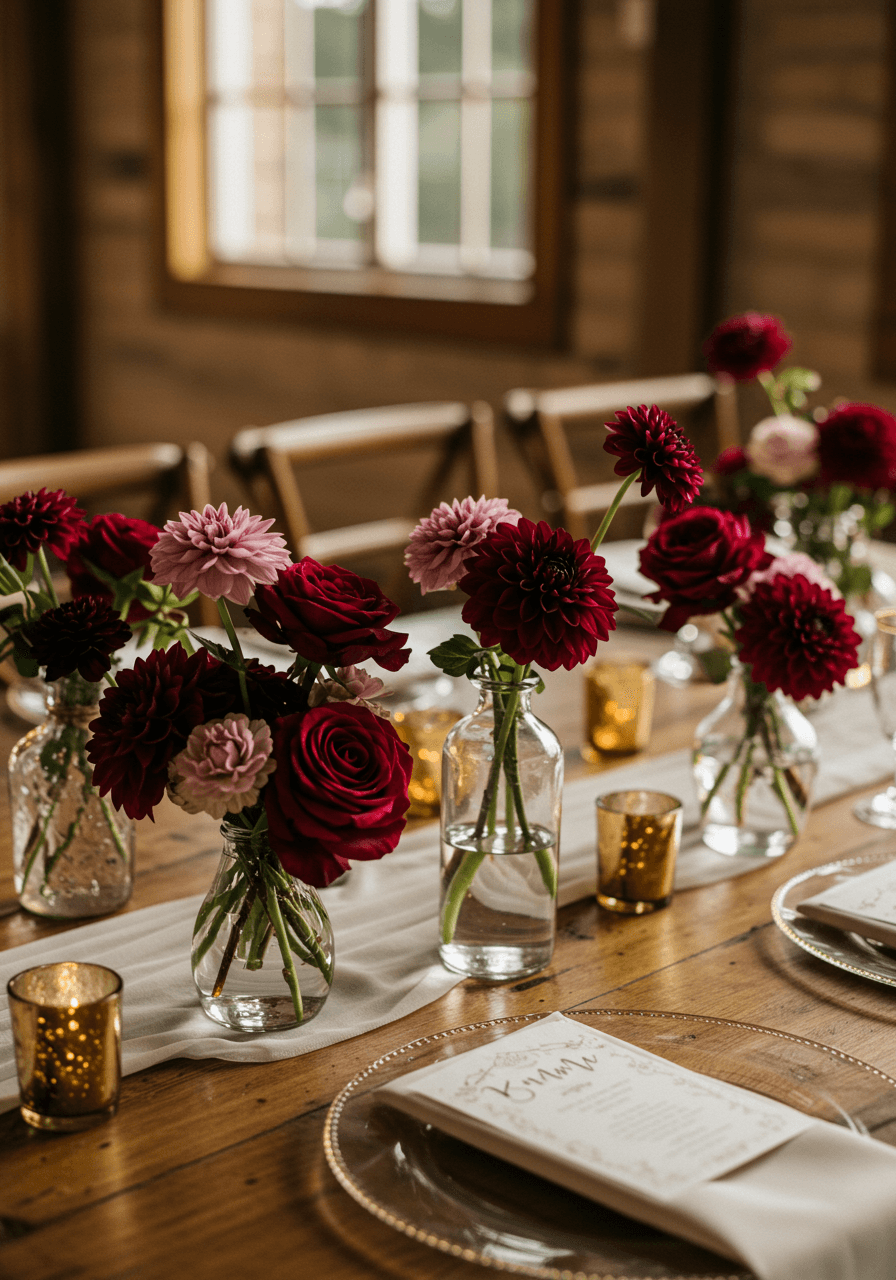 Delicate burgundy rose and dahlia arrangements in crystal bud vases for reception tables