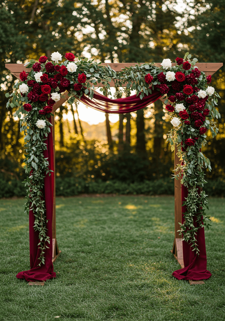 Dramatic burgundy rose wedding arch with lush florals and greenery during golden hour