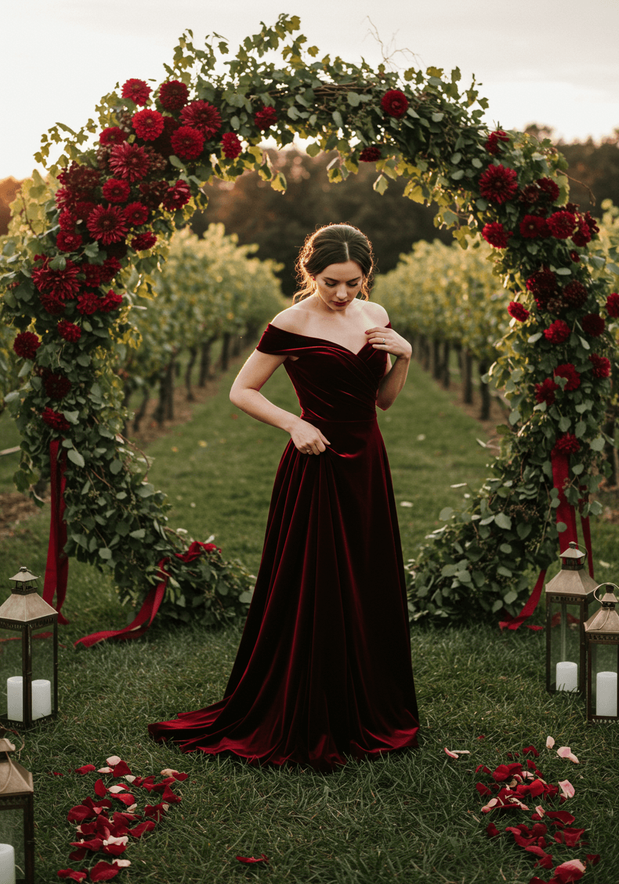 Close-up of bride with burgundy floral arch backdrop showcasing intricate details