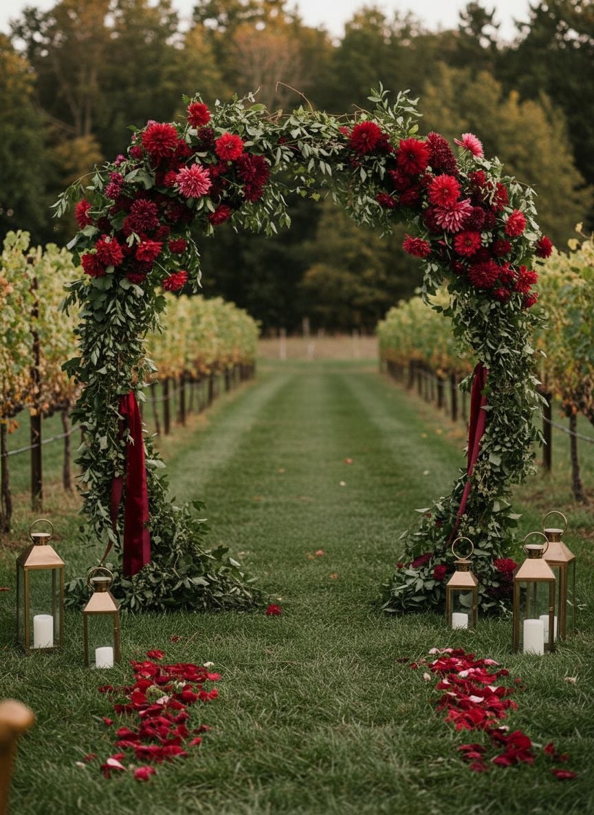 Bride in burgundy velvet gown posing beneath floral wedding arch at vineyard venue