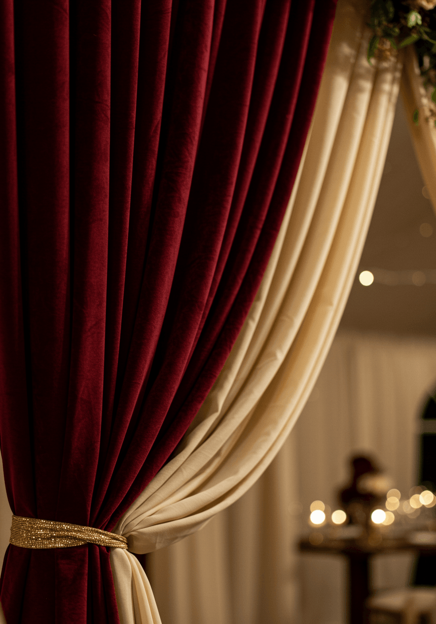 Macro detail shot of burgundy velvet and cream linen fabric textures in wedding backdrop
