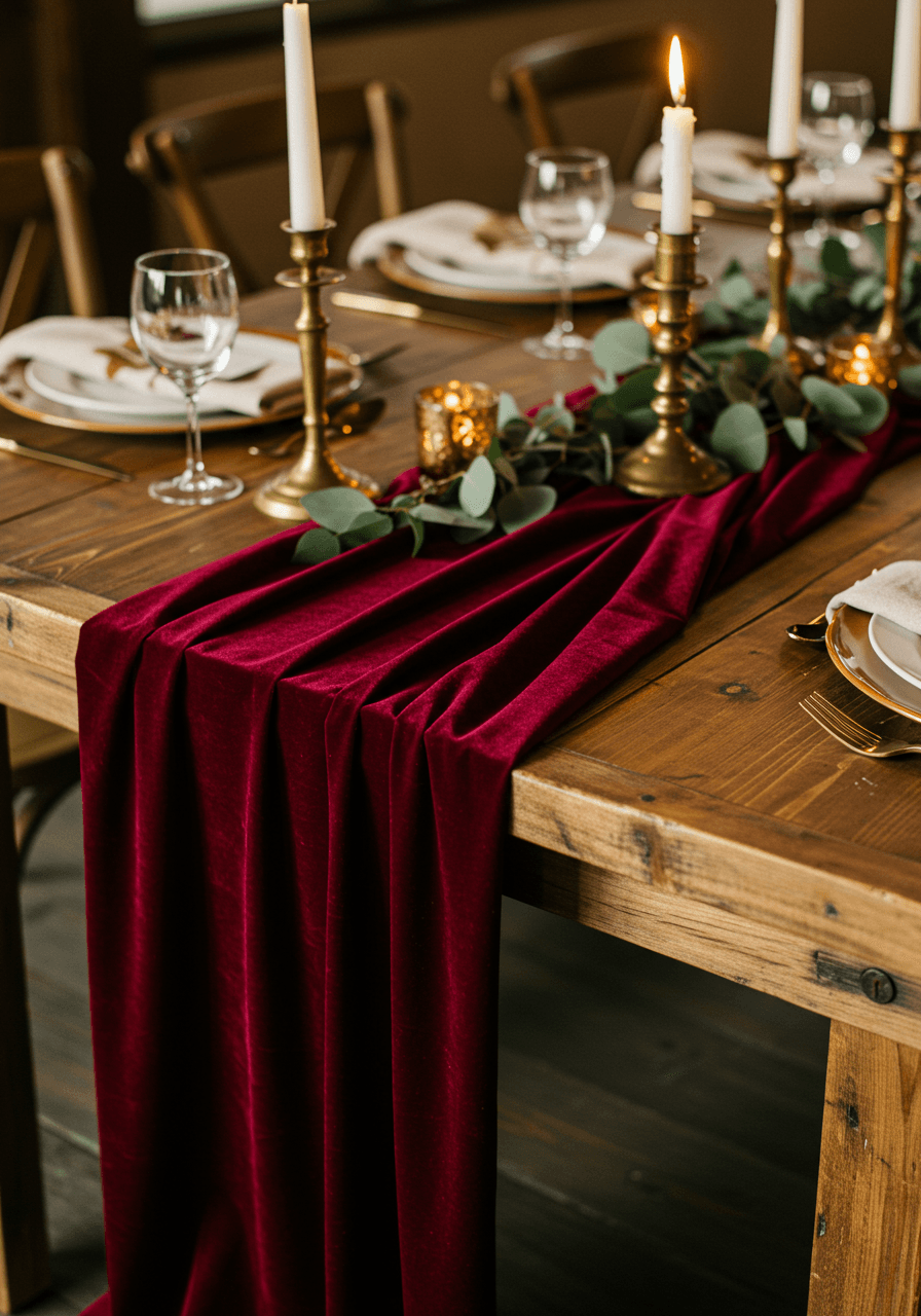 Burgundy velvet table runner draped elegantly on farmhouse dining table at golden hour