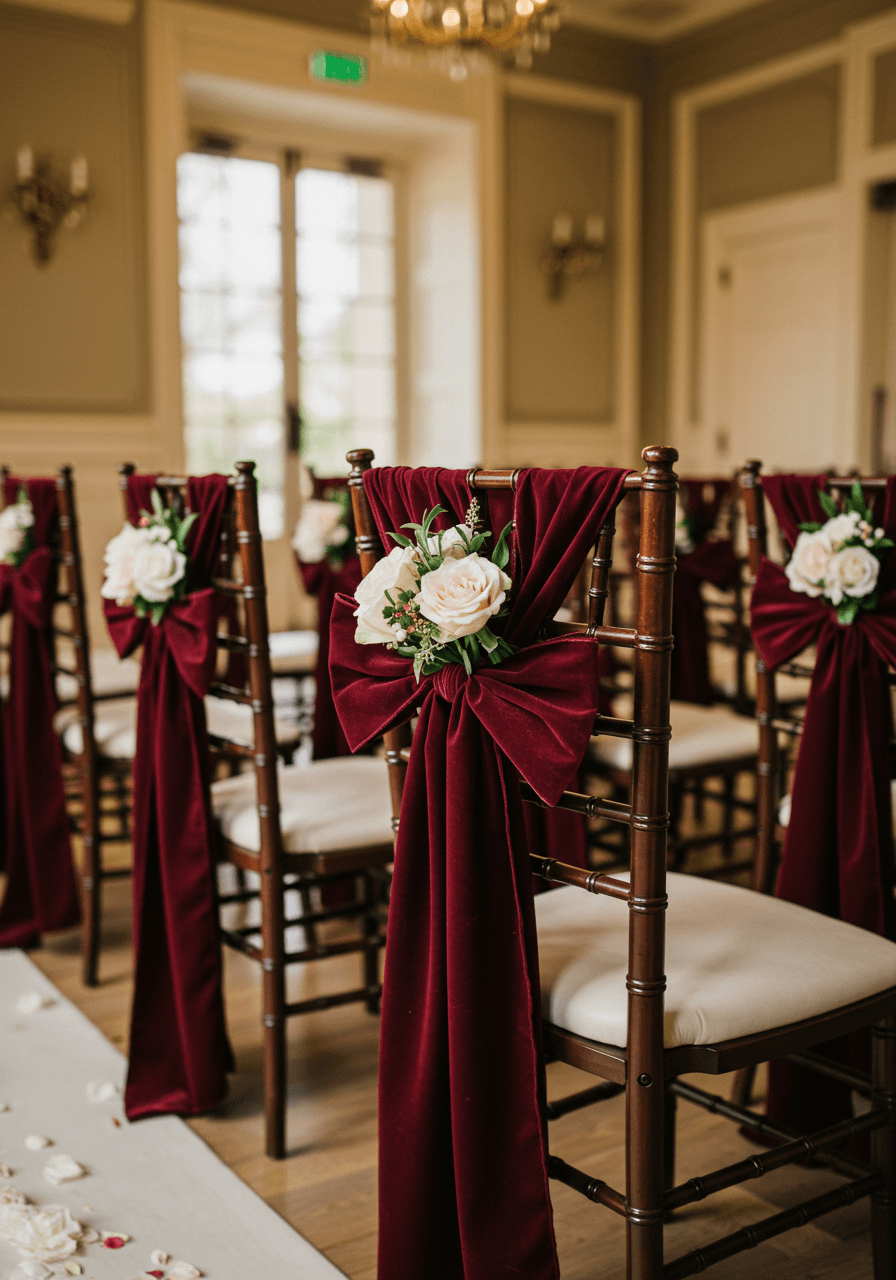 Elegant wedding chairs adorned with burgundy velvet sashes for reception seating