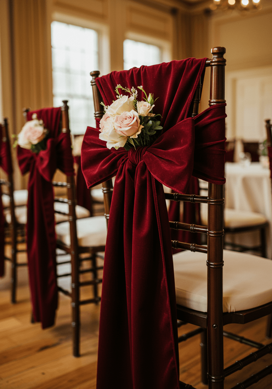 Close-up detail of burgundy velvet chair sash tied with elegant bow