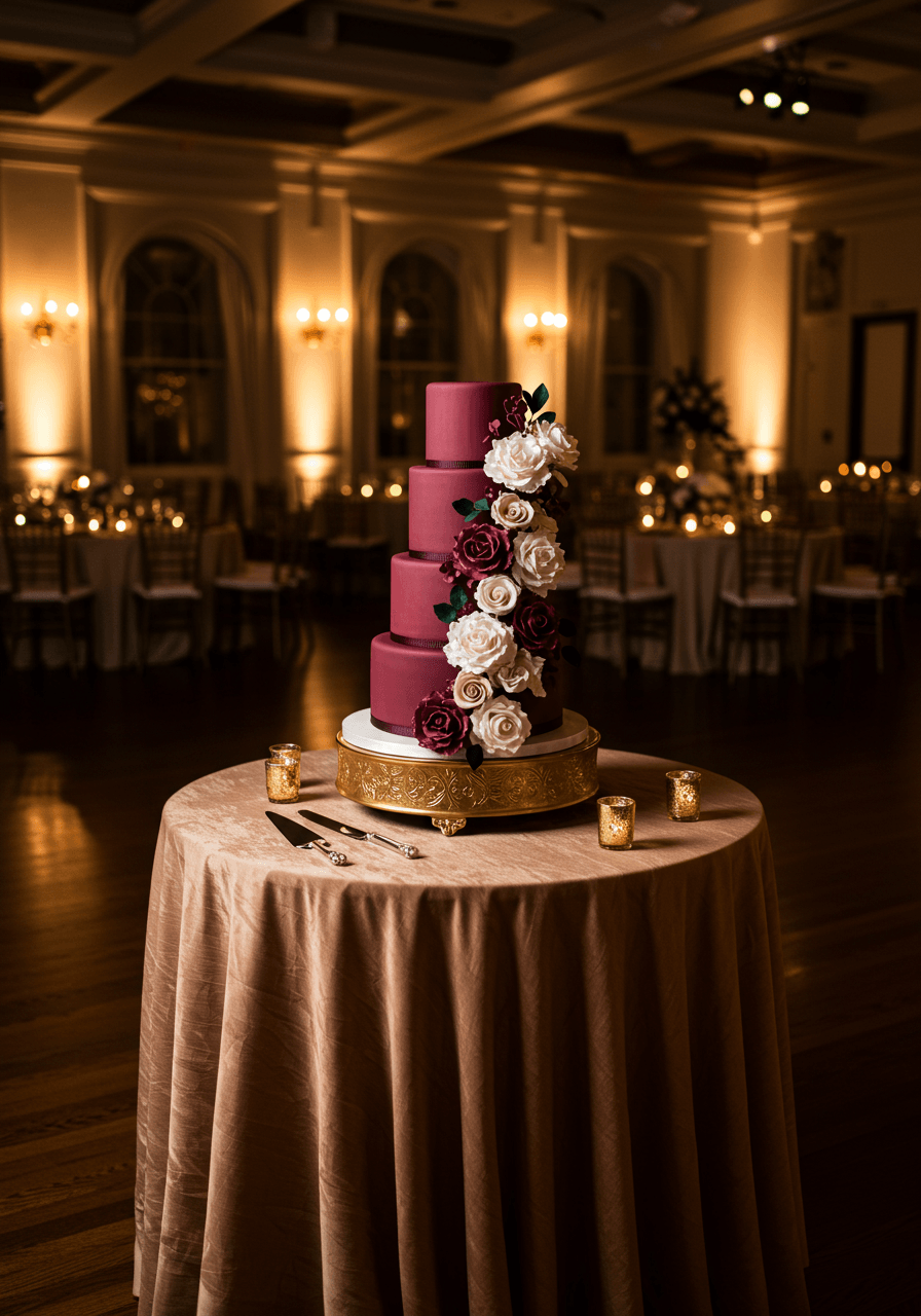 Elegant burgundy wedding cake displayed with sophisticated reception decor and lighting