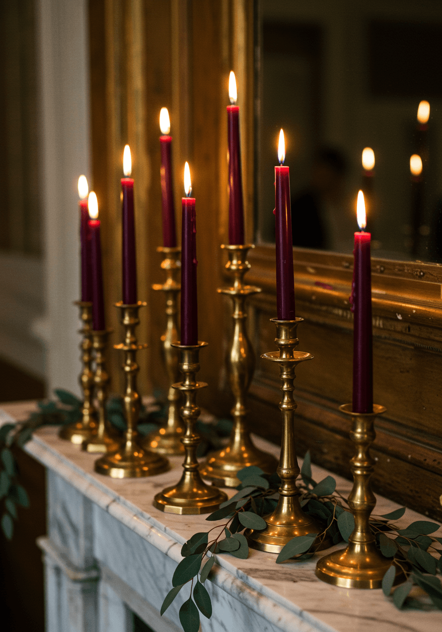 Elegant brass candlesticks arranged on marble mantelpiece with burgundy candles