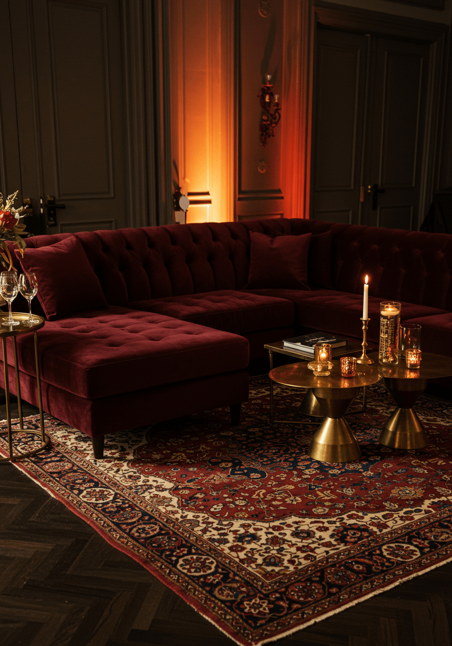 Elegant burgundy velvet sectional seating arrangement during golden hour reception