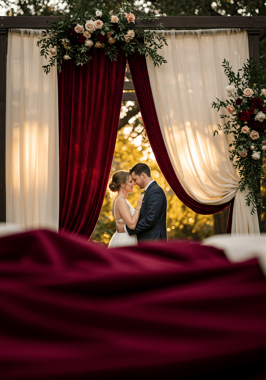 Intimate couple embrace surrounded by flowing burgundy velvet drapery installation
