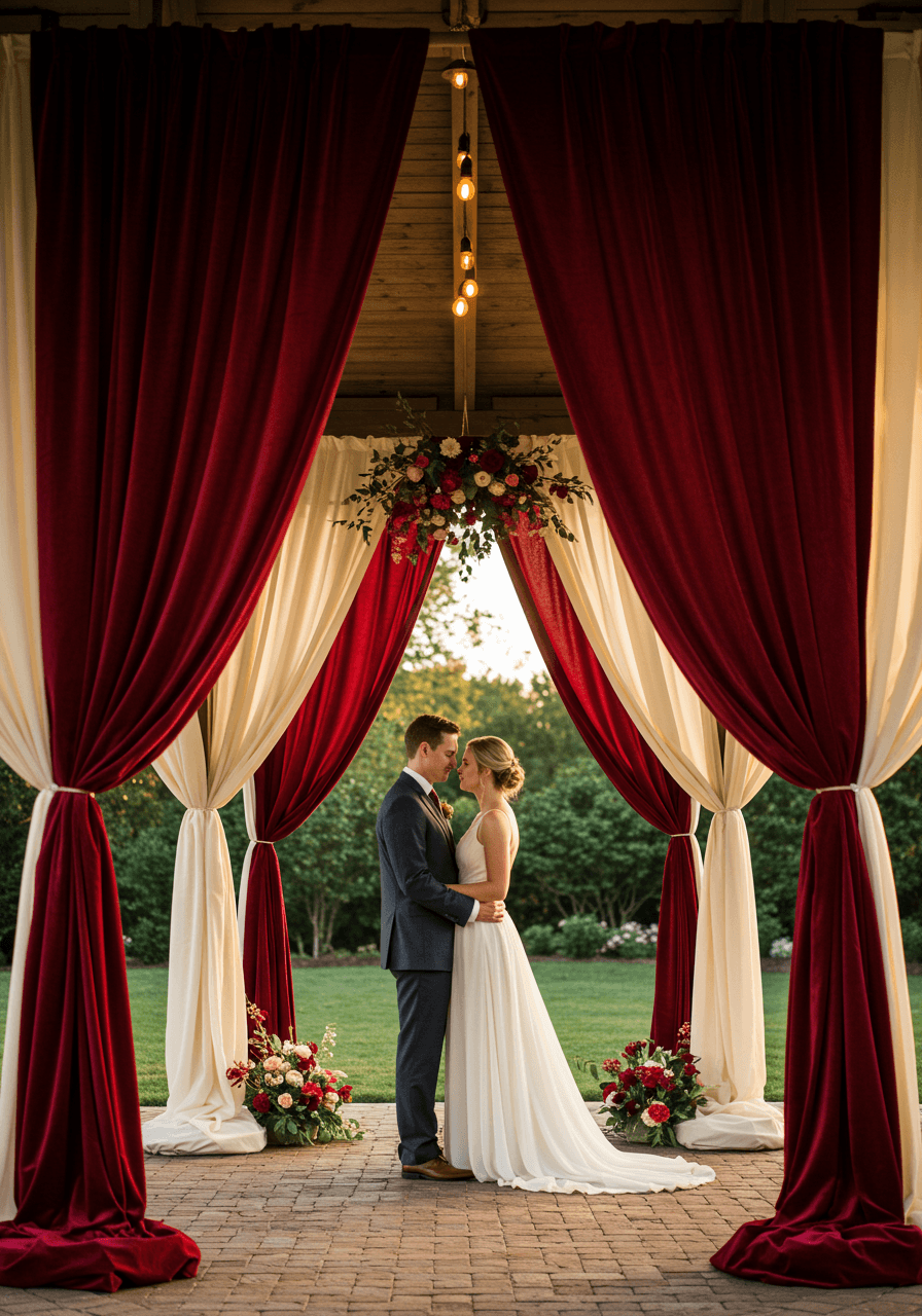 Couple beneath burgundy velvet pavilion drapery during romantic golden hour garden wedding
