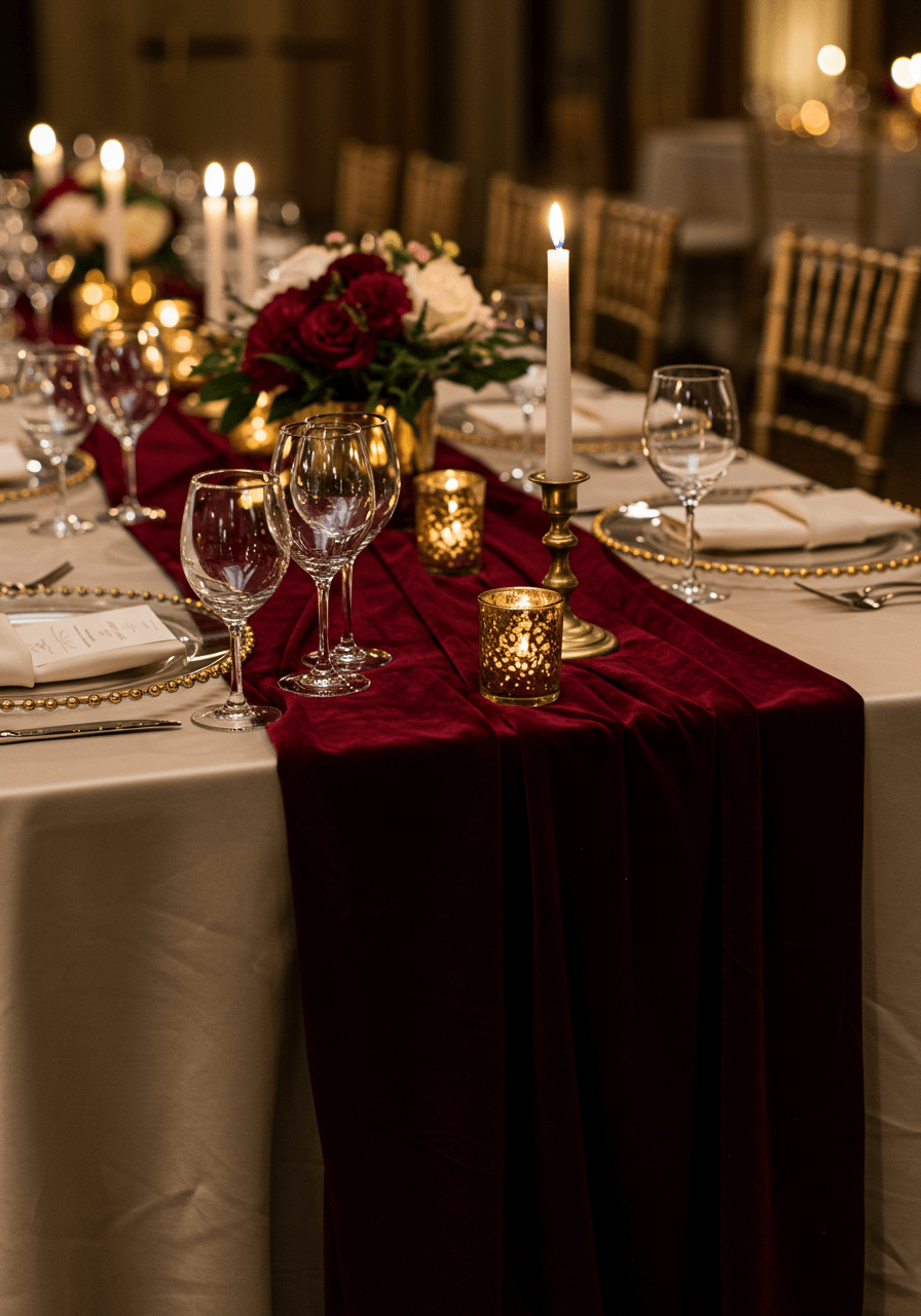 Close-up detail of burgundy velvet table runner texture and elegant table styling