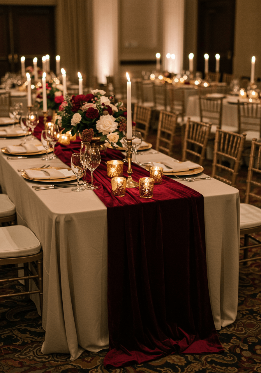 Luxurious burgundy velvet table runner with elegant place settings and candlelight