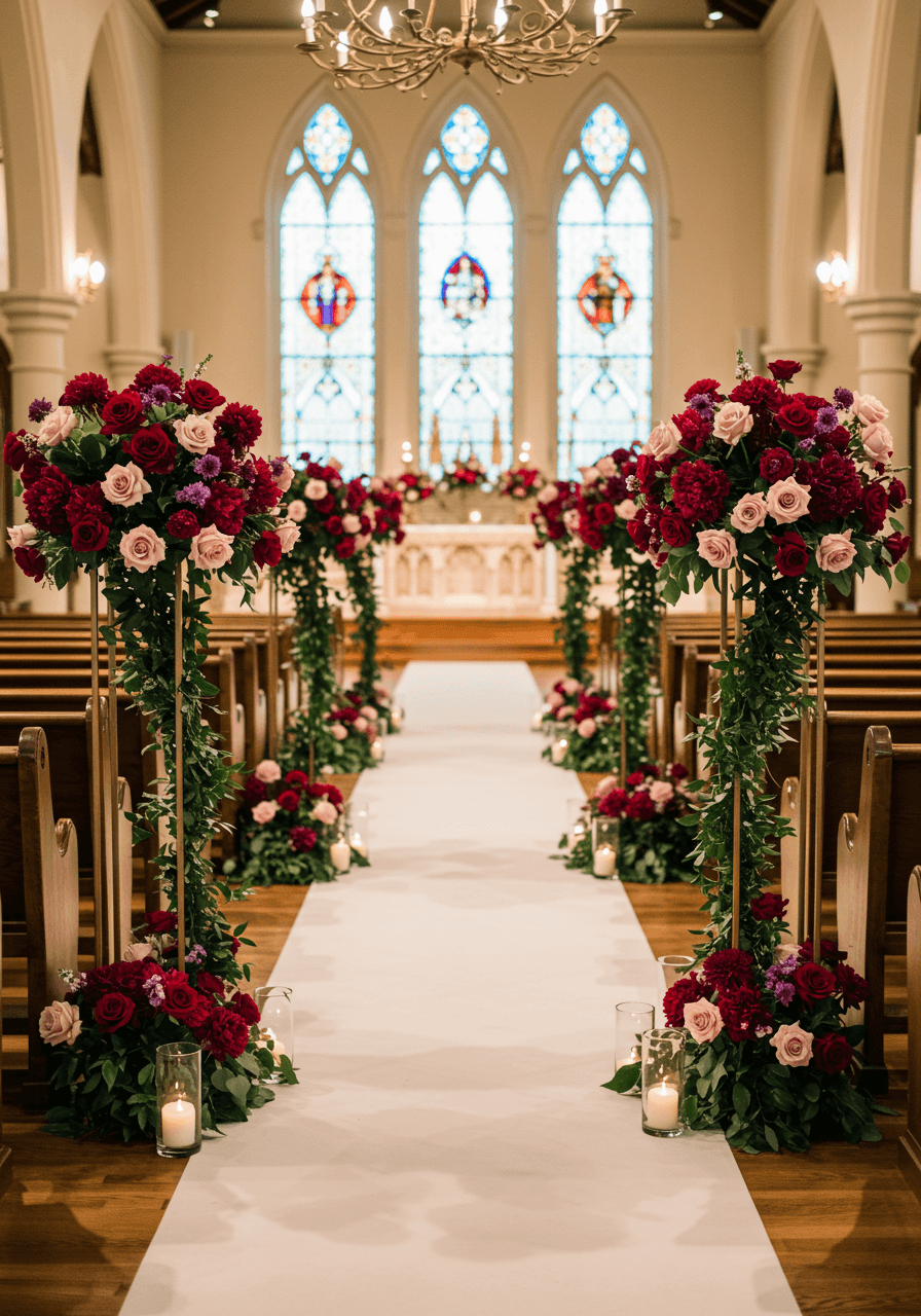 Romantic burgundy and blush floral arrangements lining chapel wedding aisle