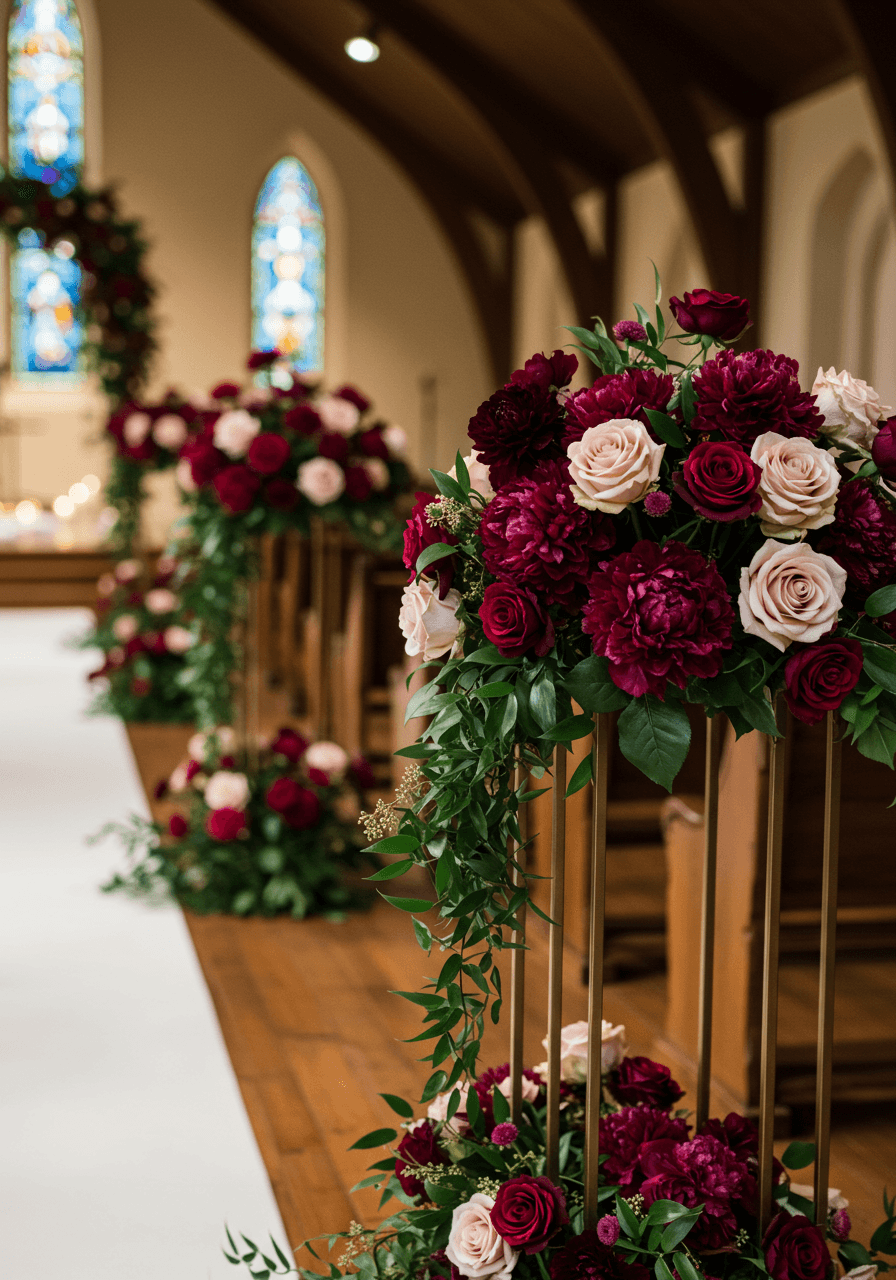 Close-up view of burgundy and blush aisle florals with intricate petal details