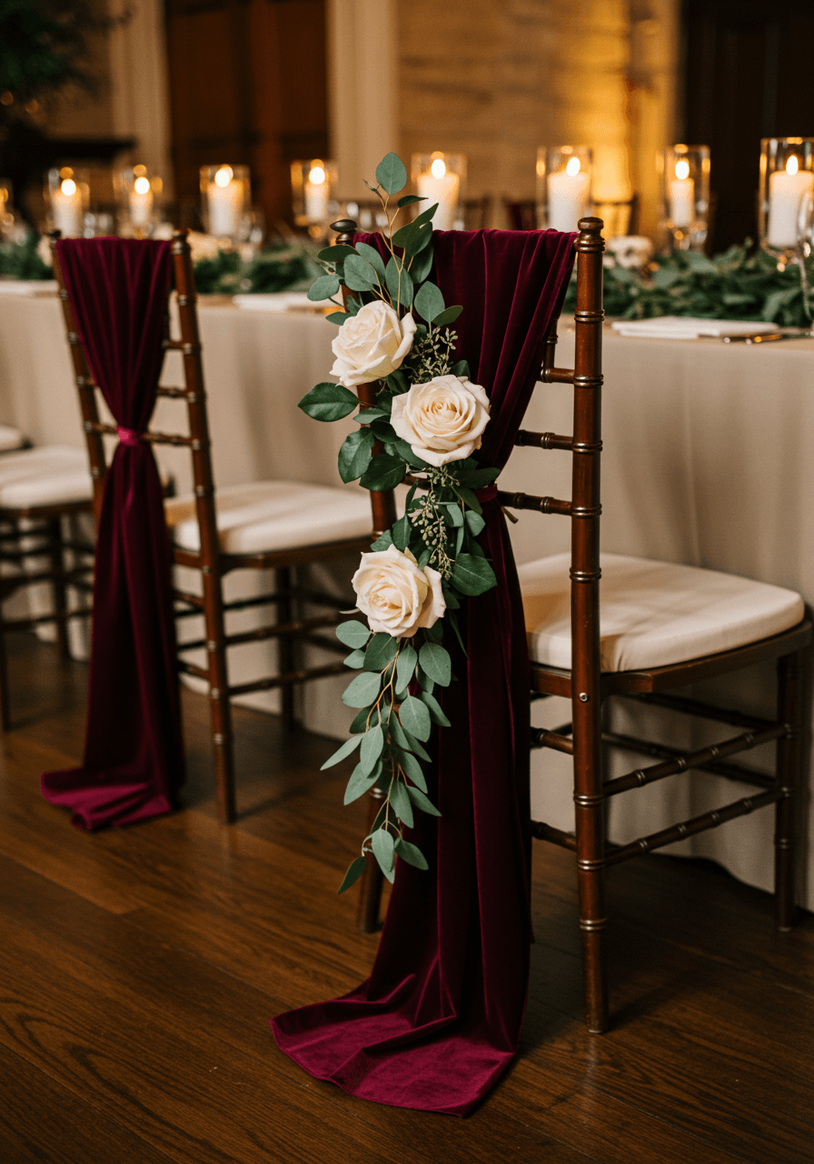 Wide view of multiple chairs with burgundy floral arrangements in outdoor ceremony setting