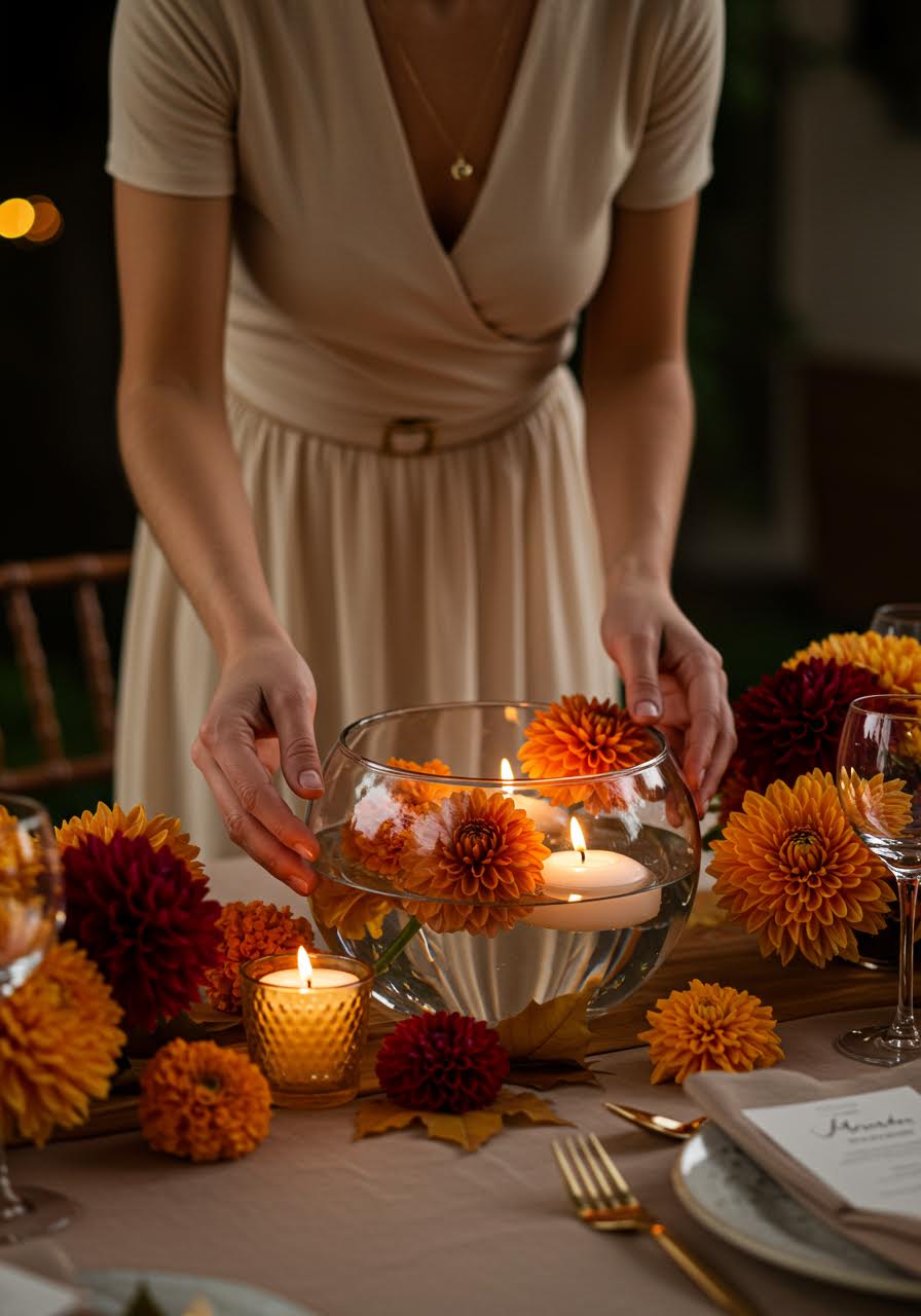 Autumn dahlias and golden marigolds arranged around floating tea lights in crystal bowl on formal dining table