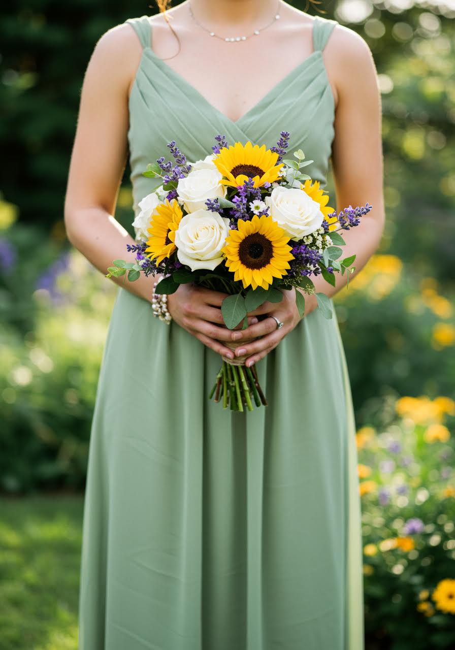 Bridesmaid in sage green dress holding textured bouquet featuring white roses, fragrant lavender and cheerful sunflowers