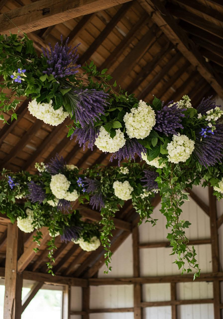 Graceful floral swags of purple lavender and white hydrangeas suspended elegantly across rustic barn reception ceiling