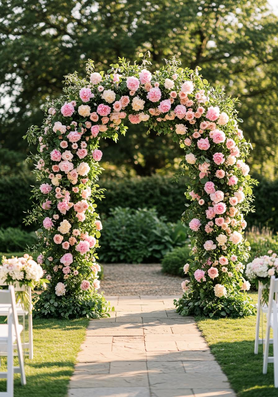 Breathtaking full floral wedding arch constructed entirely of lush seasonal garden flowers including peonies and roses