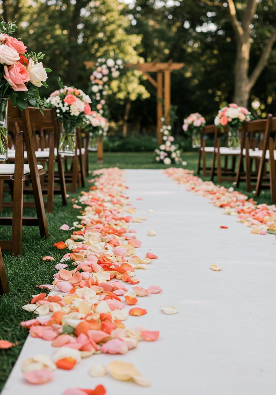 Luxury garden rose petals in blush, coral and cream scattered along white fabric runner leading to wooden ceremony arch